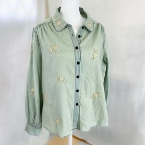 THE GREAT. Pale blue Embroidered Button Down Shirt